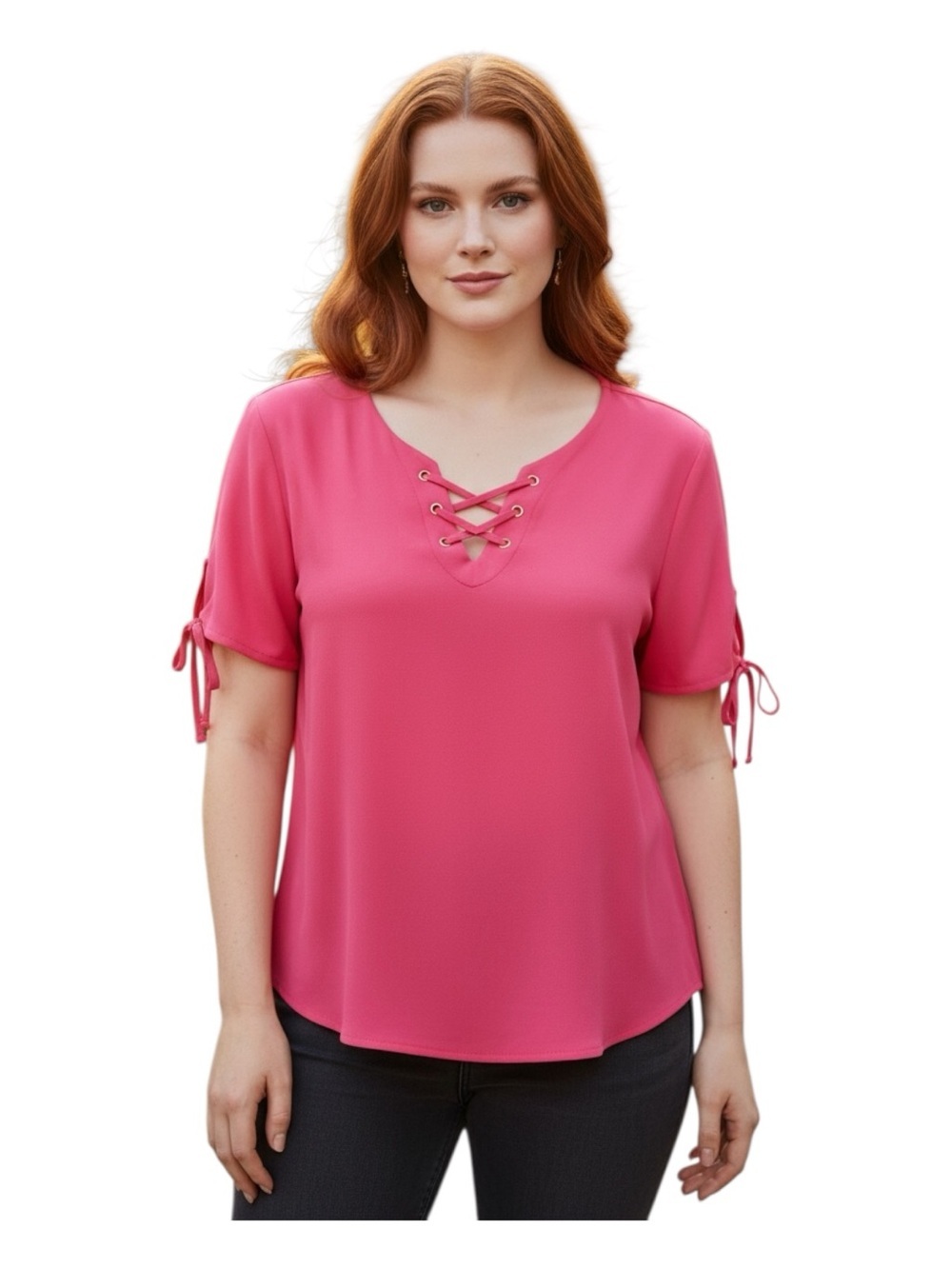 Love Plus Size 3X Pink Lace-Up Tie Sleeve Short Sleeve Top